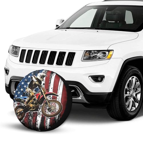 Image of Dirt Bike Racing Motocross Race American Flag Spare Tire Cover Weatherproof Wheel Protectors Dust-Proof Sun Protection Wheel Tire Covers Universal Fit for Truck SUV RV Camper Trailer 14 inch
