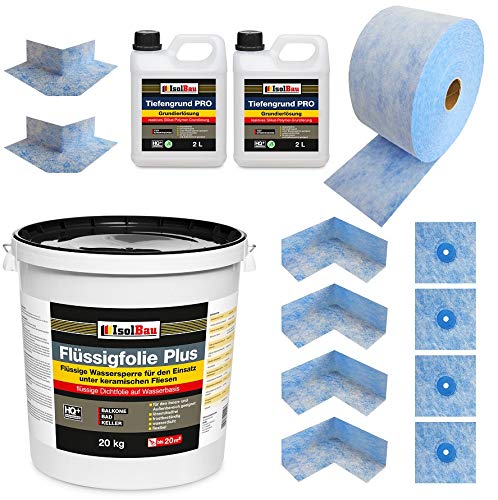 Isolbau Komplett-Dichtset - Inkl. 1x Flüssigfolie PLUS (20 kg), 2x Tiefengrund PRO (je 2L), 1x Dichtband (20 m), 4x Innenecken, 2x Außenecken & 4x Manschetten