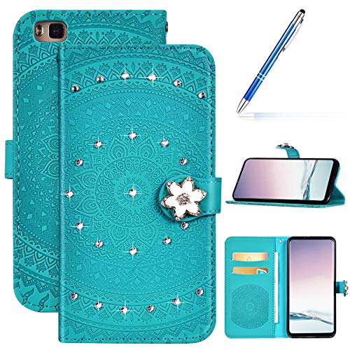 Robinsoni Case Compatible with Huawei P9 Lite Phone Case Wallet Huawei P9 Lite Leather Phone Cover Shockproof Glossy Diamond Case Flip Notebook Style Cover Heavy Duty Case Hard Case Mandala Green