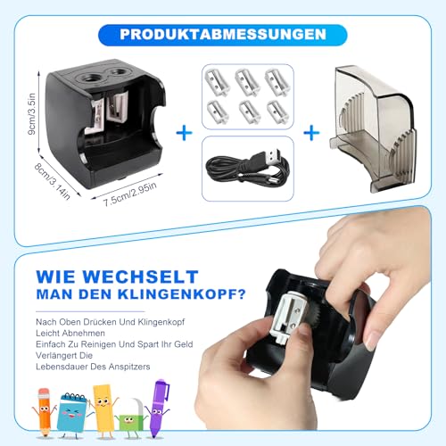 Electric Pencil Sharpener, Bleistiftspitzer Elektrisch Kinder mit 6 Klingen, Doppelloch Automatischer Anspitzer für 6-12mm, USB Tragbar Bleistift Spitzer für Schule Büro