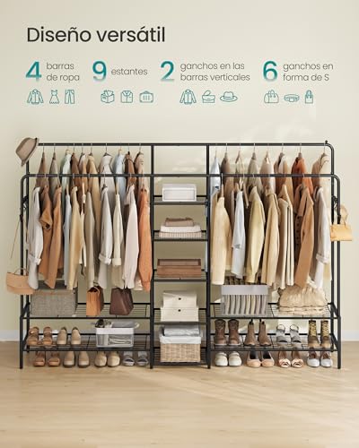 Miniatura 3 de Songmics Perchero, Armario Abierto, Con 9 Estantes, Estructura De Metal, Barra De Colgar, Para Dormitorio, Salón, Entrada, Negro Hsr183b01