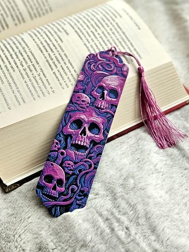 Image of Magenta Skull Bookmark with Tassel - Gothic Skull Design | Washable, Lightweight Bookmark for Books & Journals | Durable Bioplastic