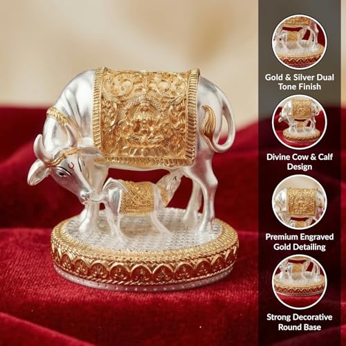 Image of 24K Gold and 999 Pure Silver Plated Kamdhenu Cow Idol - 6 Inch Auspicious Vastu Home Decor for Pooja Room and Mandir - Sacred Two-Tone Symbol of Prosperity and Success