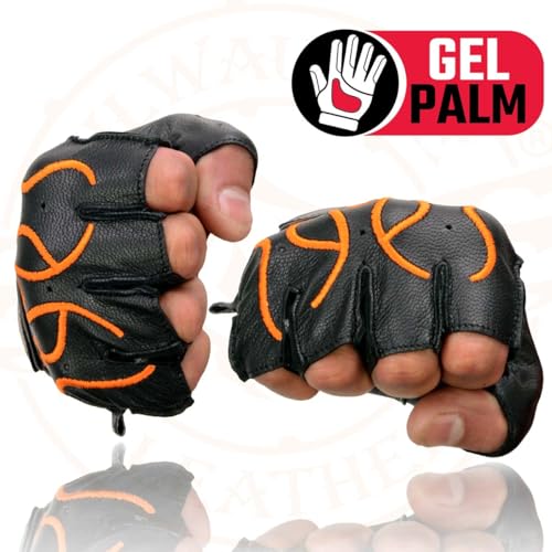 Image of Milwaukee Leather SH198 Men's Black Flame Embroidered Fingerless Gloves with Gel Palm | Padded Comfort; Vibration Relief; Flame Embroidery
