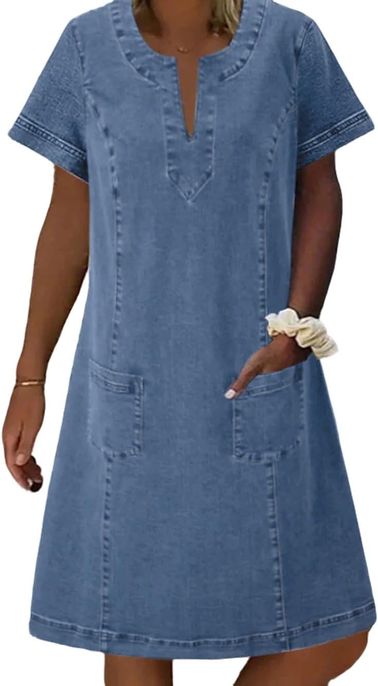 Women Denim Dress Short Sleeve Mini Jean Dress Jumper Babydoll Summer Shift Dress