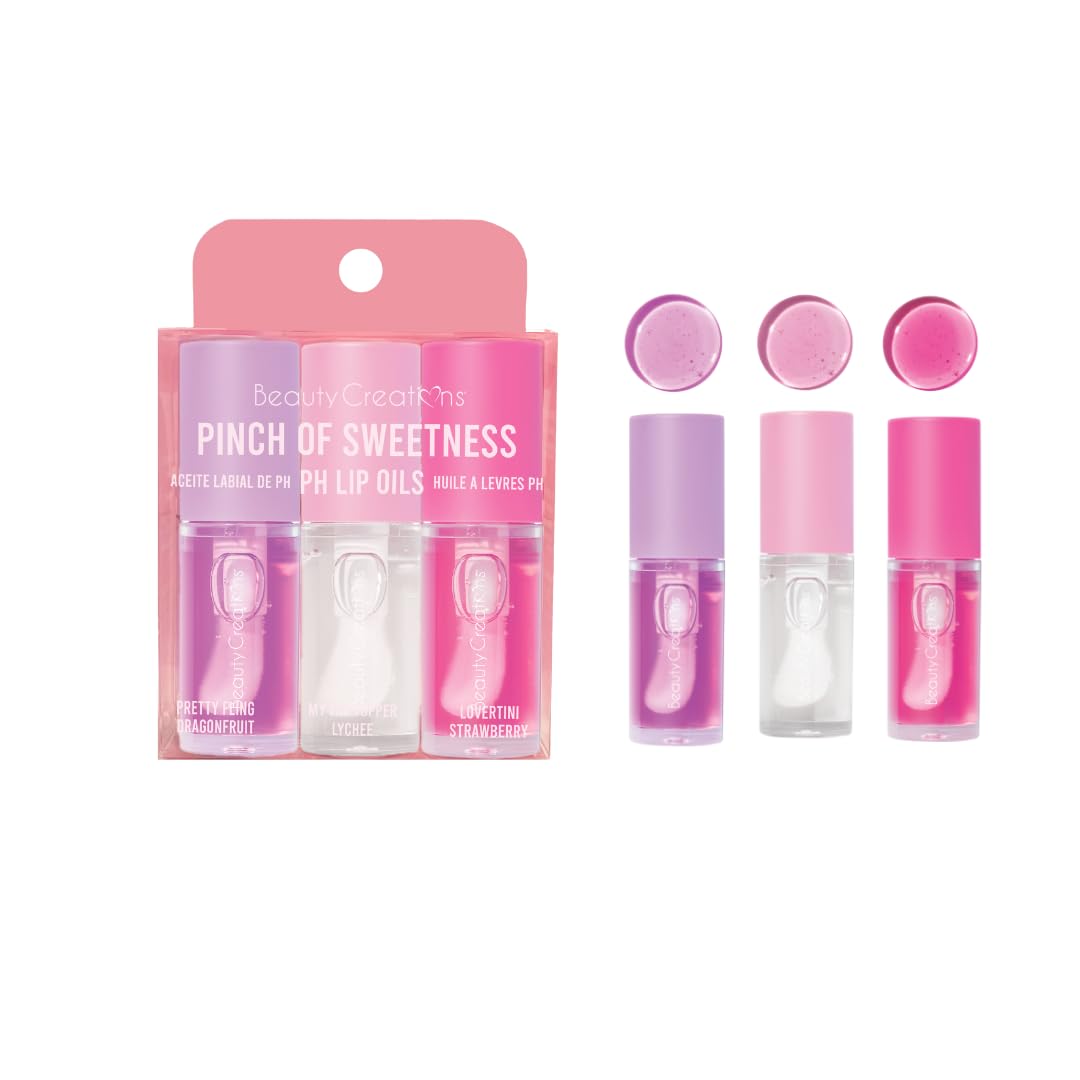 Pinch of Sweetness Collection Moisturizing Lip Oil Set with Dragonfruit Lychee Strawberry Flavors 3 Pack