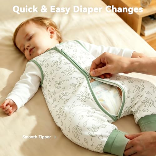 Image of Chilsuessy Toddler Sleep Sack with Feet 6-18 Months, 0.5 TOG Cotton Baby Wearable Blanket with Legs, Sleep Bag Walker with 2-Way Zipper, White Leaf
