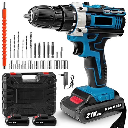 Akku-Bohrschrauber 28 V, elektrische Bohrmaschine, kabellos, mit 2 Akkus + 24 Zubehörteilen, 25 + 3 Drehmomenteinstellungen, LED-Lampen, Bohrmaschine für Heimwerker (21V)