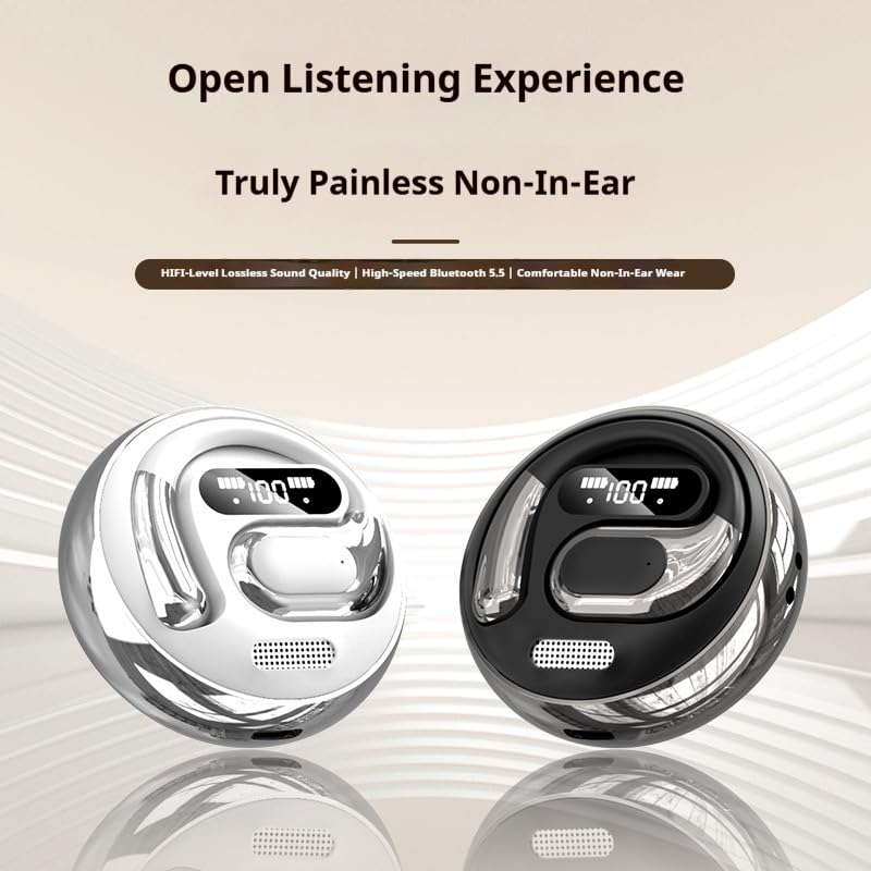 Image of NYXO K03 Open Ear Wireless Earbuds with LED Display, Bluetooth 5.3 Clip-On Earphones, Pain-Free Design, HiFi Sound, Lightweight Sports Headphones with Charging Case for Calls, Music & Workout (SILVER)