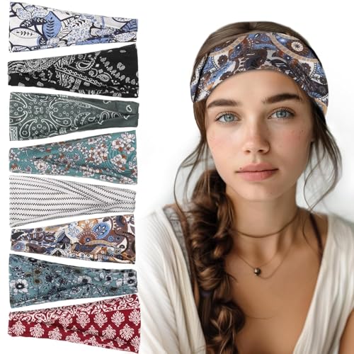 obeoby 8 Pack Headbands for Women, Boho Style Headbands for Summer Vacation Music Festival Outfits Non Slip Fashion Wide Hairband