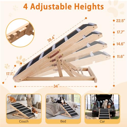 Dog Ramp for Bed - Extra Wide - Excellent Traction, Pet Ramp for Small Large Dogs to Get on Couch Car, Non-Slip Rubber Surface, 17’’W, Hold up to 200lb, Adjustable, Foldable (200LBS) - Image 6