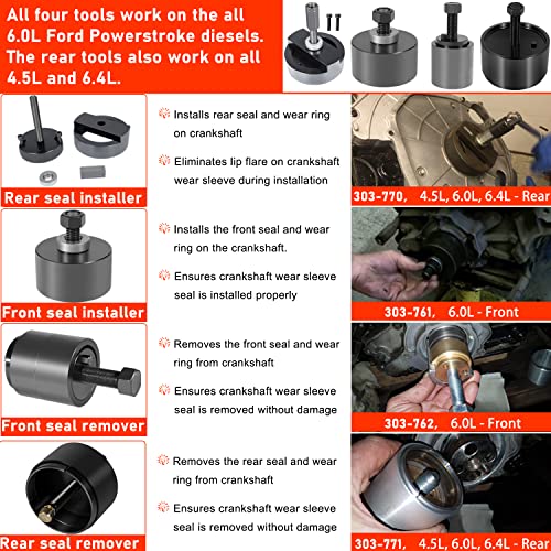 (4 Pcs) Front & Rear Crankshaft Seal Installer Wear Ring Remover Set For Ford Powerstroke 4.5L, 6.0L & 6.4L Diesel Engines, Replace 303-770, 303-761, 303-762, 303-771 #TOP1