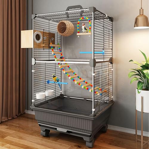 Vogelkäfig aus Metall für Papageien, Transportkäfig mit Stehstock, Schaukel, Wasser- Futterspender, leicht zu reinigen, 66, 7 cm quadratisches Design