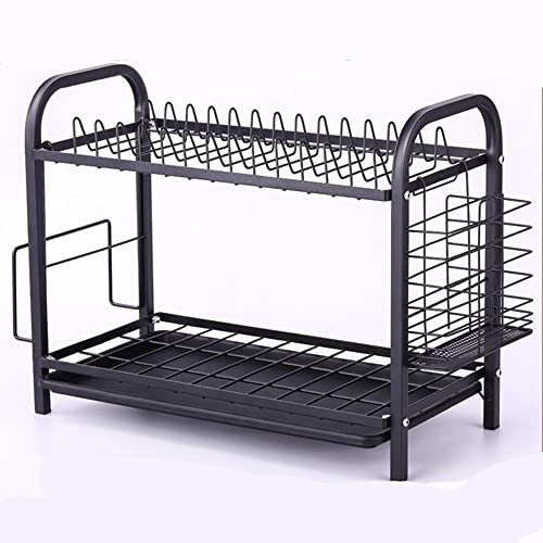 VBOK IGFE Égouttoir à vaisselle noir à 2 niveaux en acier inoxydable avec bac d'égouttement - Porte-couverts - Support de planche à découper - Panier à vaisselle pour cuisine Cover