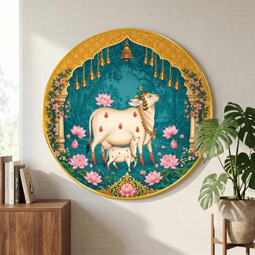 Image of SAF Sacred Cow Calf Wall Painting Round PVC Golden Frame Kamdhenu Spiritual Art Lotus Temple Design for Living Room Bedroom Office Home Wall Decor (23 x 23 Inch) GR-404