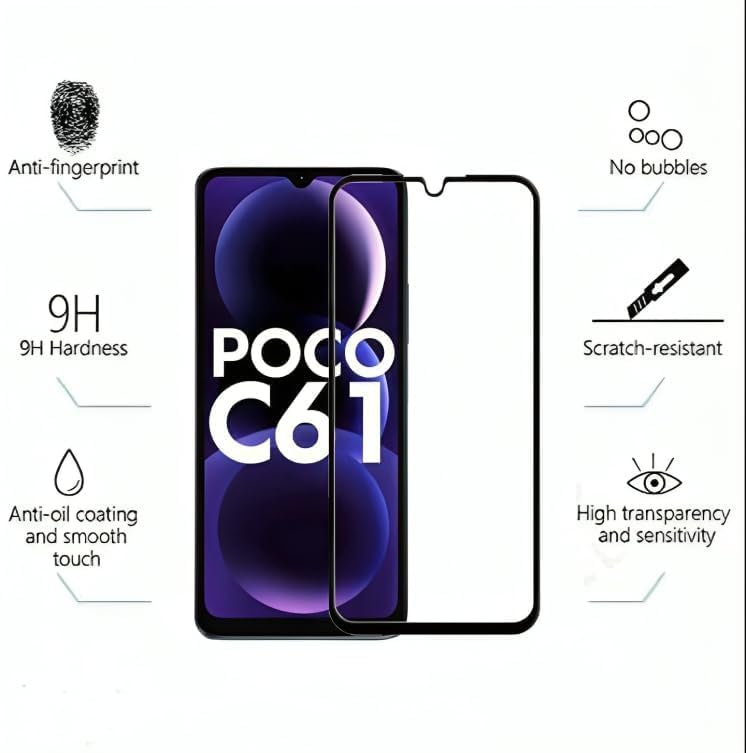 Image of Tempered Glass Screen Protector Compatible For Poco C61 Smartphone Full Screen Coverage (Except Edge To Edge) And Free Complete Easy Installation Kit