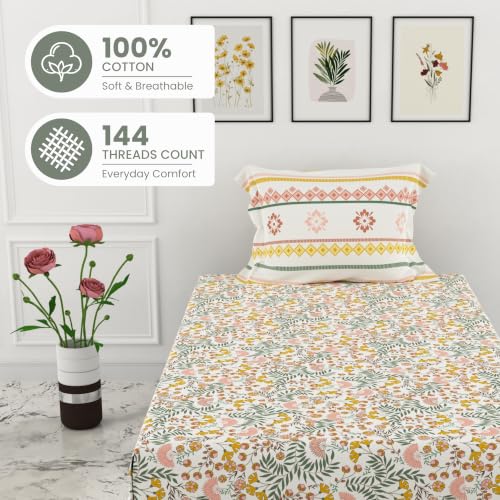 Image of LORETO - A QUALITY LINEN BRAND 144 TC 100% Pure Cotton Single Fitted Bedsheet with 1 Pillow Cover for 72 x 36 Inch Mattress, All-Around Elastic, 8 Inch Deep Pocket, Ditsy Fresh Floral