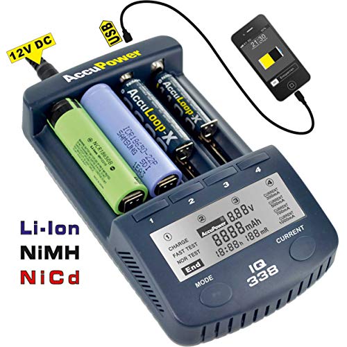 AccuPower IQ338 - Cargador con Pantalla LCD para baterías Li-Ion/Ni-MH/Ni-CD