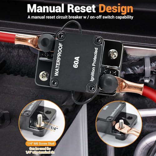 Auto Reset 60Amp Circuit Breaker for Boat Trolling Motor Marine ATV Trailer Vehicles Stereo Audio Electronic Battery Solar System Inline Fuse Waterproof DC 12V-48V (Surface-Mount-Auto Reset)