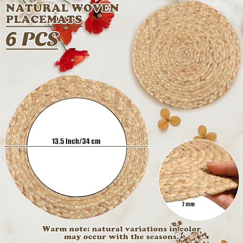 Image of Kochorie Set of 6 Round Woven Placemats 13.5-Inch Natural Water Hyacinth Plant Placemats Hand-Woven Boho Rattan Placemat Wicker Weave Table Mats for Home Dinner Plates Holiday Supplies