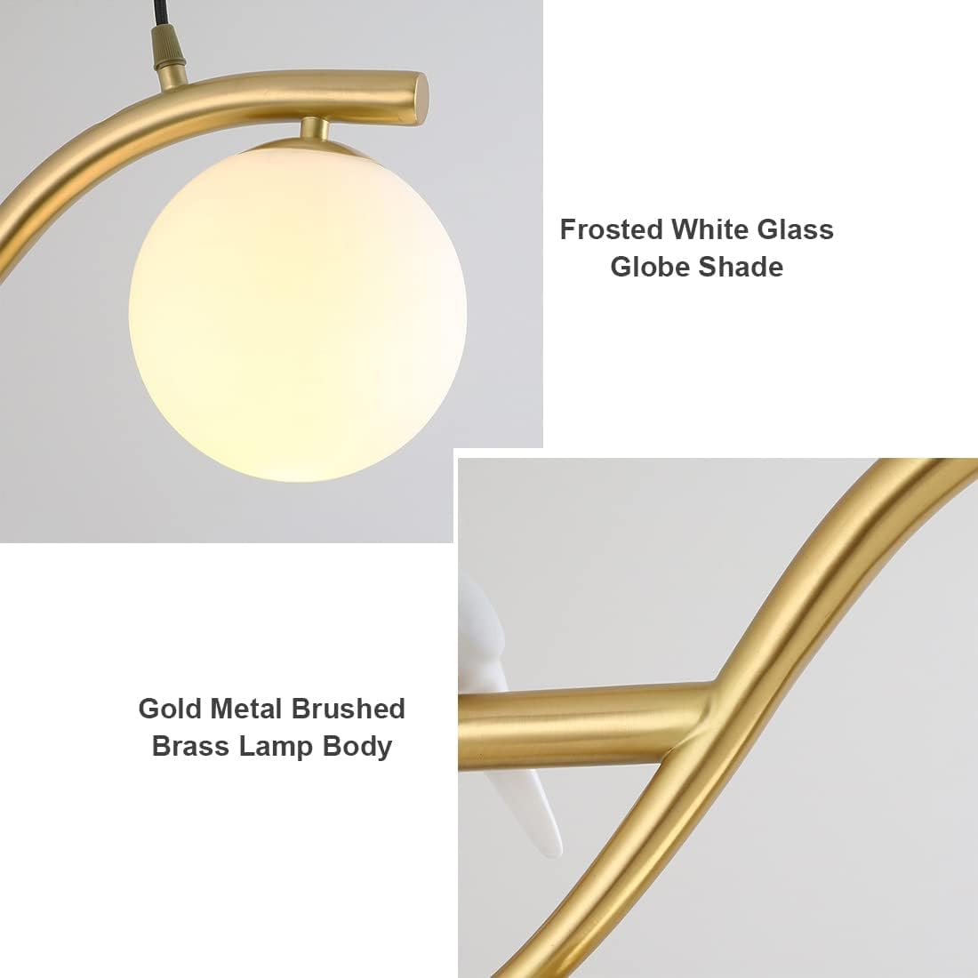 Lampadario a 4 luci in Vetro opalino Dorato Stile Mid-Century Modern per Tavolo da Pranzo, Stile Rustico, Nero, a Sospensione lineare Lunga, con Uccelli nordici, Lampada da soffitt
