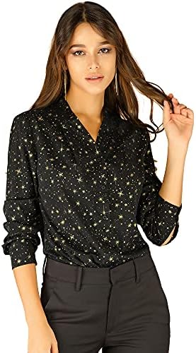 Allegra K Women's Metallic Stars Top V Neck Long Sleeve Gilding Sparkly Shiny Dots Blouse X-Small Black