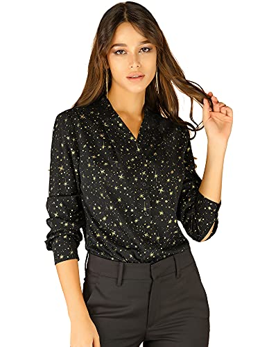 Allegra K Blusa de Estrellas con Lunares Brillantes Dorados de Manga Larga metálica Vintage para Mujer Negro L