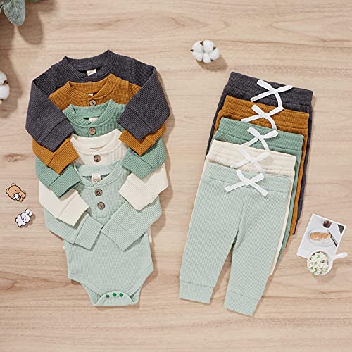 Hzykok Winter Newborn Baby Boy Girl Clothes Set Ribbed Outfits Unisex Infant Solid Cotton Button Long Sleeve Tops Pants 2Pcs 0-3 Months #TOP6