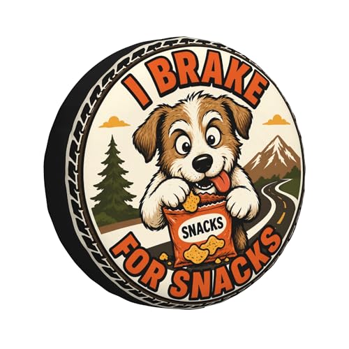 Image of Funny Dog Spare Tire Cover, I Brake for Snacks Puppy Printed Tire Cover for SUVs RVs Trailers Campers Trucks, Outdoor Spare Wheel Protector(16 inch for Diameter 29 inch-31 inch)