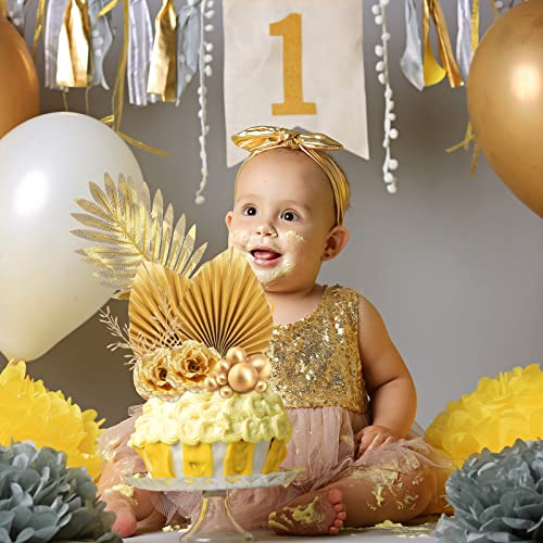 26 Pieces Happy Birthday Cake Topper Gold Palm Leaves Balls Cupcake Toppers Floral Gold Cake Decorations Rose Flower Toppers For Cake Artificial Gold Leaves For Decoration Birthday Wedding Baby Shower #TOP5
