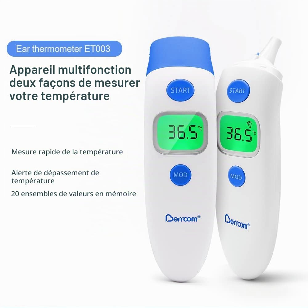 Thermomètre Frontal et Auriculaire, Berrcom Thermomètre Médical pour Enfants et Adultes, Thermomètre Numérique Infrarouge sans Contact avec Alerte Fièvre, Mesures Rapides et Précises