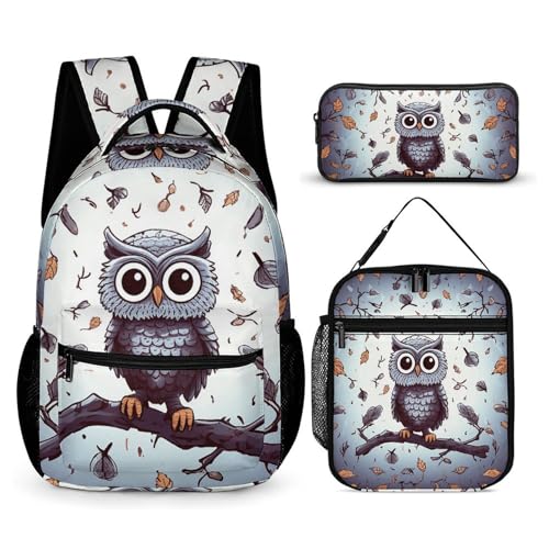 Owl Tree Branches Backpack Set 3 Piece, Durable Backpack Insulated Lunch Bag Portable Pencil Case for Men Women