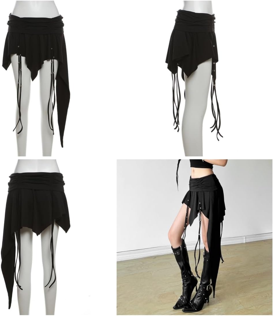 Gothic Women High Waist A Line Skirt Y2K Casual Stretchy Black Ruffle Pleated Flared Skirts