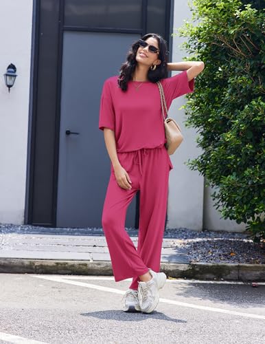 Image of Ekouaer Lounge Sets for Women Short Sleeve Tops and Long Pants Soft Comfy Pajamas Set 2 Piece Outfits