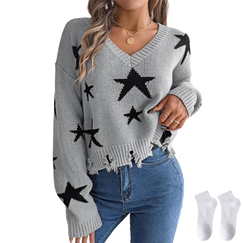 Star Sweater Women,Spring Knitted Sweater Pullover V Neck Five