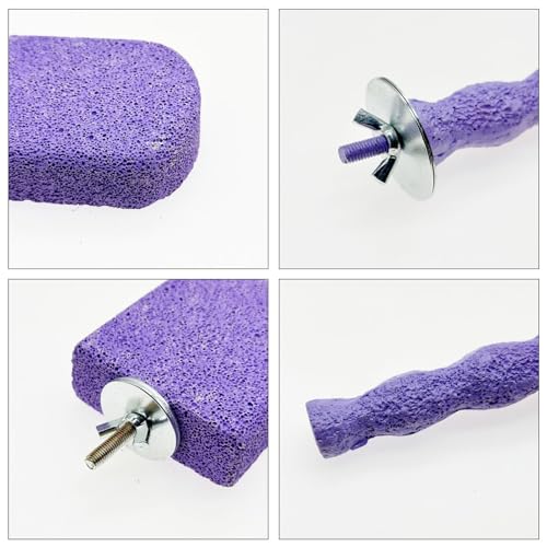 Image of Pet Teeth Grinding Stone and Perch, Bird Perch Stands, Natural Chewing Toys for Small Medium Birds Budgies Conures Cockatiels Rats, Cyan and Purple