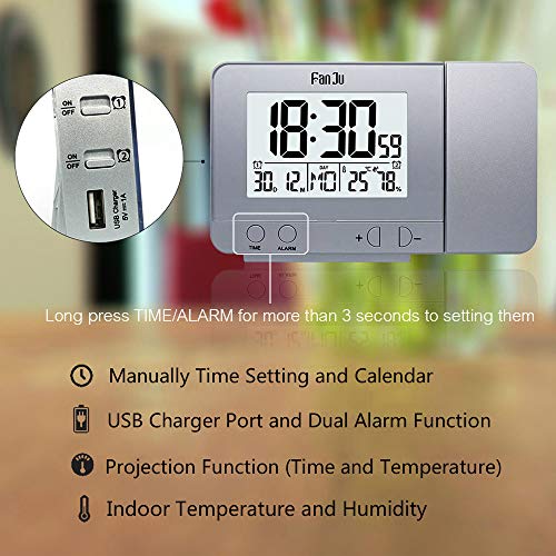 mewmewcat Projeção Relógio Despertador Rotativo Digital Relógio de Projeção Multifuncional LCD Relóg