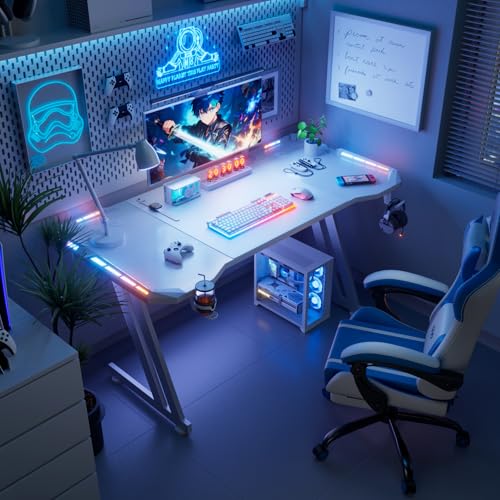 Image of HLDIRECT 47 Inch Gaming Desk with LED Lights Carbon Fibre Surface Gaming Table Large Computer Desk Ergonomic Home Office Desks Z Shaped PC Gamer Workstations with Cup Holder & Headphone Hook White