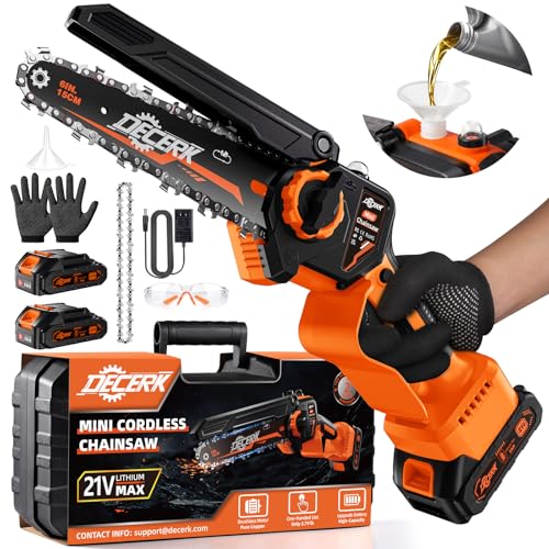 Decerk Mini Chainsaw Cordless 6 Inch, Powerful Brushless Electric Mini Chain Saw with Automatic Oiler & Tool-Free Chains for Wood Cutting Tree Trimming Branch Cutter [Two High-Capacity Batteries]