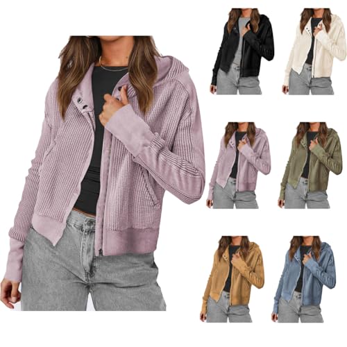 Women Waffle Knit Jacket,Zip Up Button Fashion Tops, Oversized Waffle Knit Jacket Shirts with Pockets2