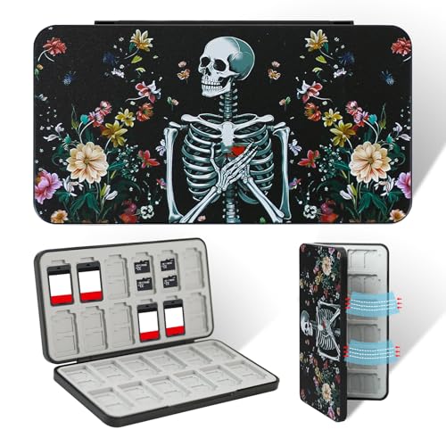 FlyingMage 24 Switch Game Card Case for Nintendo Switch 2/OLED/Lite, Cute Halloween Switch Game Holder Cartridge Case for 24 Slots and 48 SD Card Storage, Switch 2 Compact Card Holder, Flower Skull