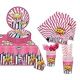 101 Pcs of Superhero Party Supplies, Superhero Party Decorations, Girls Pink Themed Birthday Supplies, Containing Dinner Plate Napkins, Tablecloth Forks, Cups Straws