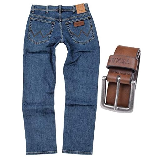 Wrangler Texas Stretch Herren Jeans Regular Fit inkl. Gürtel (W42/L30, Stonewash + brauner Gürtel)