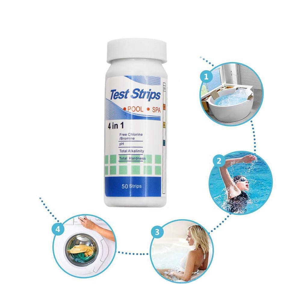 Rockyin 50 pz/Scatola Multiuso 4 in 1 Piscina Spa Strisce Reattive Acqua Cloro PH Tester di Carta per Cloro PH e Alcalinità Test
