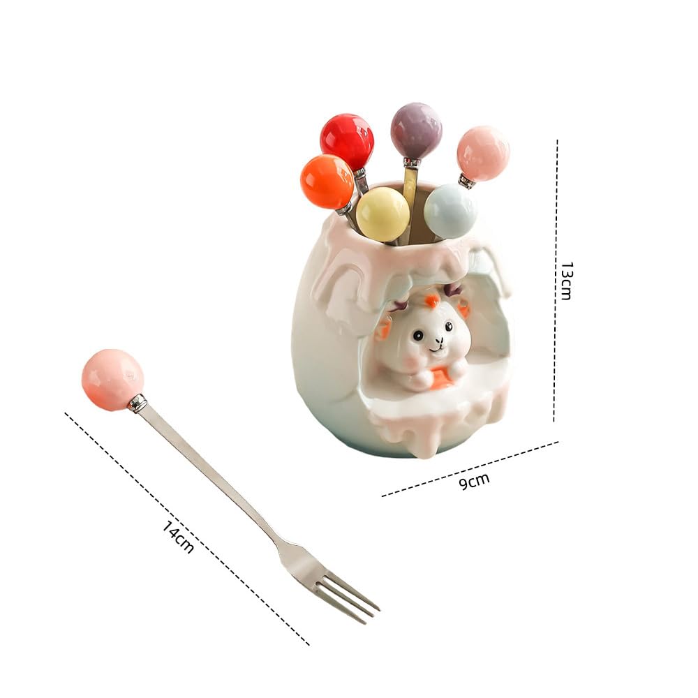 (6 Pieces) Ceramic Fruit Fork Set Household Stainless Steel Small Storage Jar Picks (Yellow)