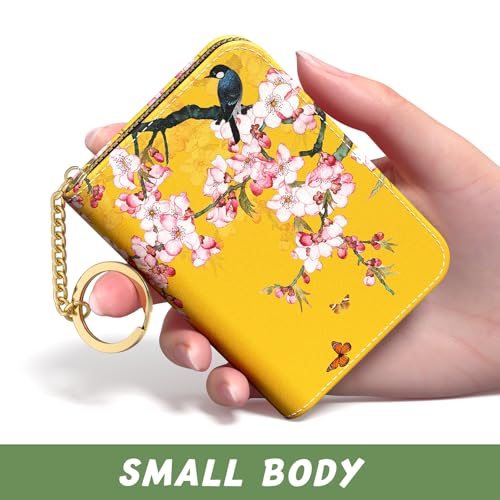 Image of Aiawoxc Credit Card Holder, Small RFID Wallet Slim Leather Card Organizer Case with Zipper and Keychain, Beauty Flowers