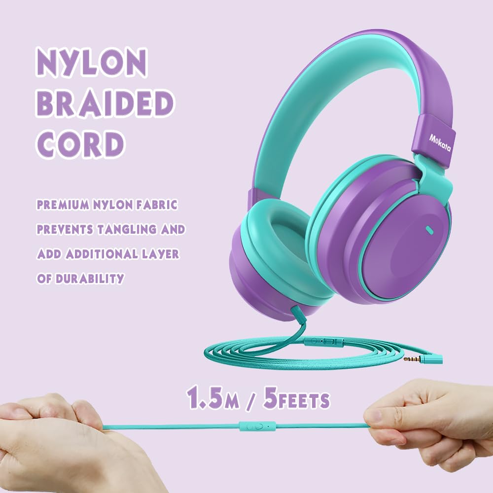 Mokata Auriculares para niños, volumen limitado, 85/96 dB, con cable, plegables, con cable en línea, cable auxiliar de 3,5 mm, micrófono para niño, niña, escuela, PC, portátil, tablet, color morado