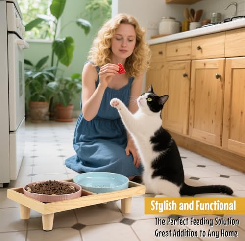 Katzennapf Flach Keramik mit Holzständer, Erhöhte Futterstation Tisch mit 2 Keramiknäpfe, Futternapf Katze Schalen-Durchmesser 16 cm