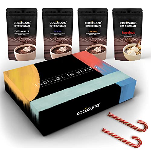 Image of Christmas Special Hot Chocolate Gift Hamper | Swiss Vanilla, Mocha, Caramel & Hazelnut 100g Drinking Chocolate with 2 Candy Canes | 600g Gourmet Hamper