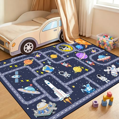 Image of Space Rug for Boys Room 3x5 Feet, Solar System Kids Rugs for Bedroom, Non Slip Galaxy Play Mat, Educational Planet Carpet with Track for Playroom Nursery Classroom Decor